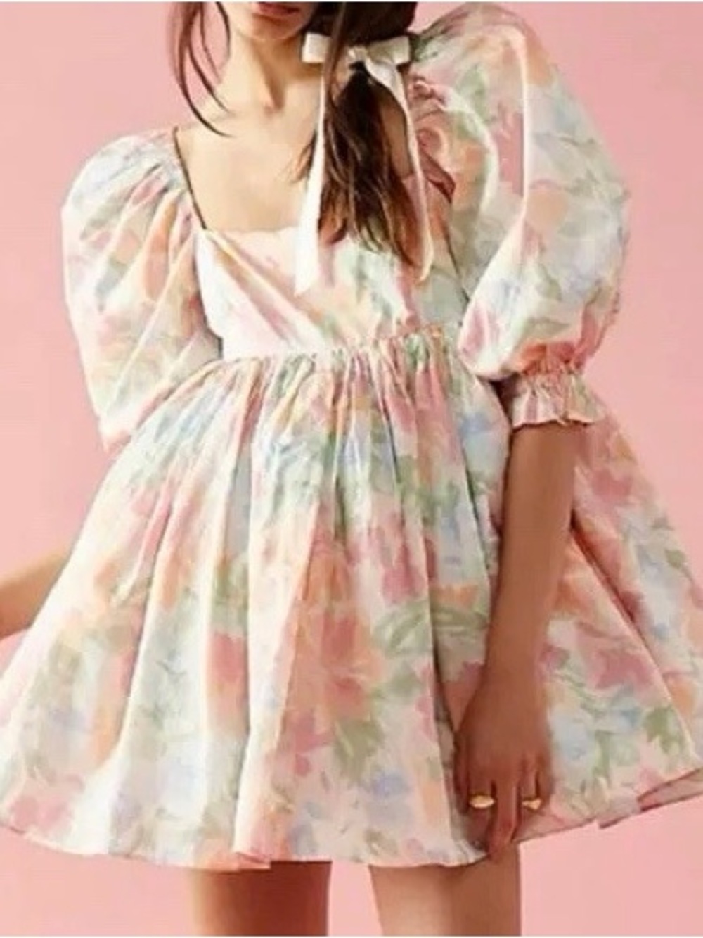 Free People x Selkie Pastel Floral Puff Dress Babydoll Sz S Cottage